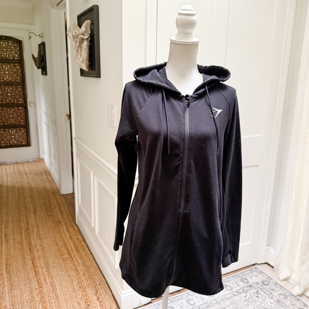 Gymshark Womens Black Longline Zip Up Hoodie Size M Soft Stretch Athleisure